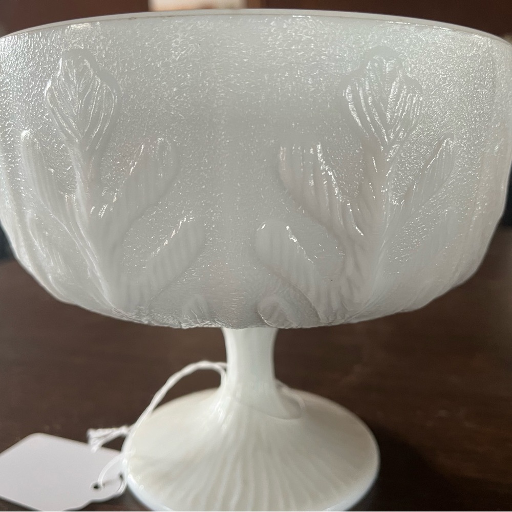 White Milk Glass Pedestal Compote with Leaf Motif